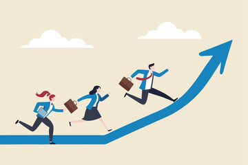 Growth strategy, career path development or growing business, employee training or improvement, job promotion concept, businessman people employees running on career path arrow in rising up direction.