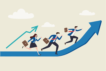 Growth strategy, career path development or growing business, employee training or improvement, job promotion concept, businessman people employees running on career path arrow in rising up direction.