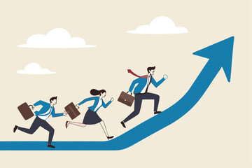 Growth strategy, career path development or growing business, employee training or improvement, job promotion concept, businessman people employees running on career path arrow in rising up direction.