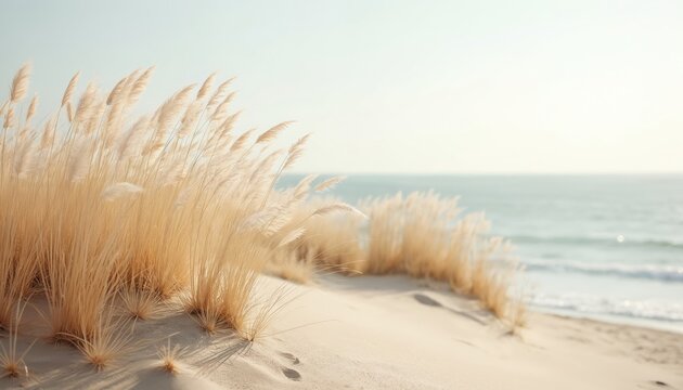 Beige pampas grass on sand dune at sea beach with horizon line. Coastal nature background with sky, sea, sand, reed plumes. Soft sunny light seaside landscape. Tranquil scene at waterside with copy