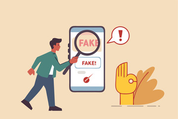 Fake news, false information sharing on social media, hoax or lies censorship, fake website cheating, scam or dishonesty report concept, man magnifying glass on social media as fake news attention.