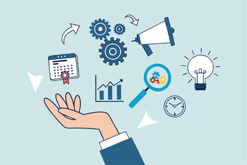 Skill, work experience or ability development, expertise success, leadership or communication to success, learning skills, wisdom concept, businessman hand hold multiple skills set to achieve success.