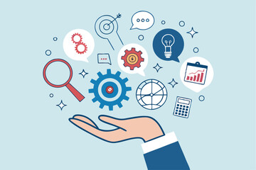 Skill, work experience or ability development, expertise success, leadership or communication to success, learning skills, wisdom concept, businessman hand hold multiple skills set to achieve success.