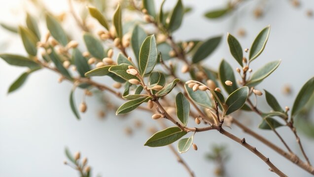 Melaleuca twigs featuring seeds and foliage against a white backdrop.