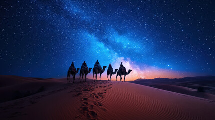 Naklejka premium A mesmerizing desert caravan crossing golden sand dunes under a breathtaking night sky filled with stars.