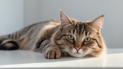 A tabby cat rests on its right side on a light-colored surface, gazing directly at the camera.