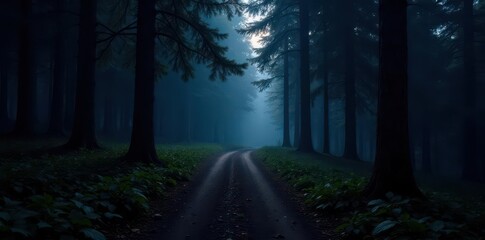 Fototapeta premium Camera pans across dark forest trail, lightning illuminates trees, thunder, scary, forest