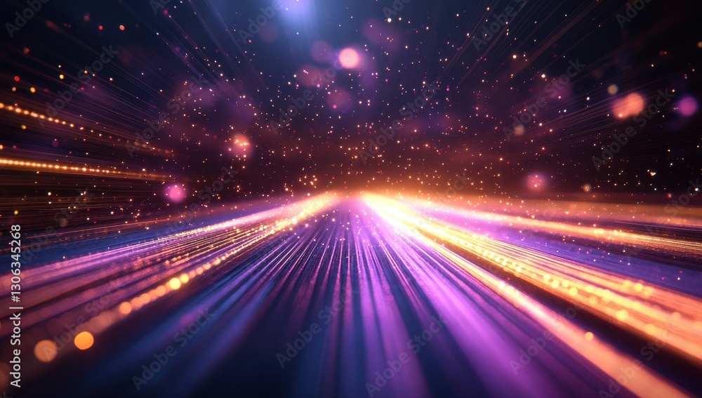 Poster Vibrant streaks of color and light create a dynamic and abstract background with glowing particles and a sense of movement in a digital universe