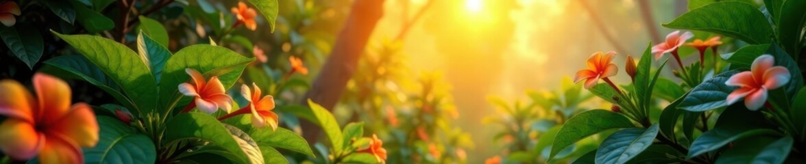 Golden sunlight filters through lush jungle leaves, illuminating vibrant flowers , beautiful, scenic