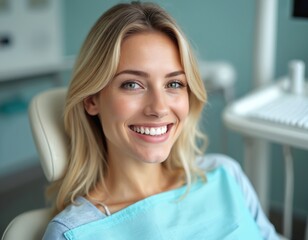 Smiling woman sits in dental chair, bright clinic. Radiating confidence, health. Dental care, hygiene concept. Happy patient, white teeth. Beauty, healthy lifestyle, wellness, trust. Oral treatment,