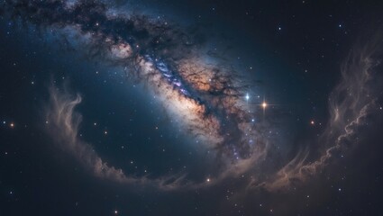 Cosmic night sky featuring the Milky Way galaxy alongside stars and cosmic dust in the vast universe.