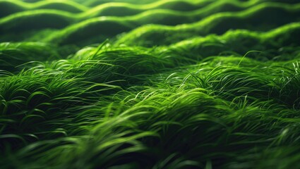 Lush green grass texture, perfect for a football or golf course setting. Horizontal close-up from above.