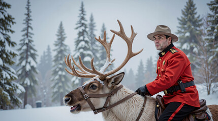 Canadian Mountie patrolling snowy wilderness on a majestic reindeer