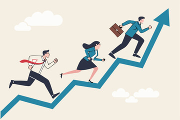 Growth strategy, career path development or growing business, employee training or improvement, job promotion concept, businessman people employees running on career path arrow in rising up direction.