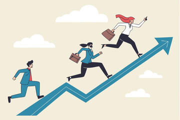Growth strategy, career path development or growing business, employee training or improvement, job promotion concept, businessman people employees running on career path arrow in rising up direction.