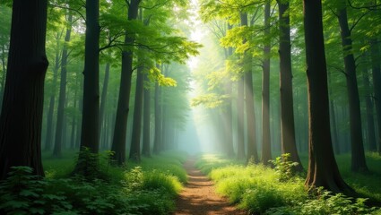 Obraz premium Lofty trees amid a vibrant forest. Vertical background image symbolizing carbon neutrality.