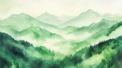 Fototapeta premium Watercolor of landscape forest misty mountains horizon and fog and hills,pine tree fir tree,Autumn forest background,drawn by hand,Autumn illustration design elements for landscape,wallpaper.