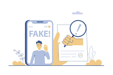 Fake news, false information sharing on social media, hoax or lies censorship, fake website cheating, scam or dishonesty report concept, man magnifying glass on social media as fake news attention.