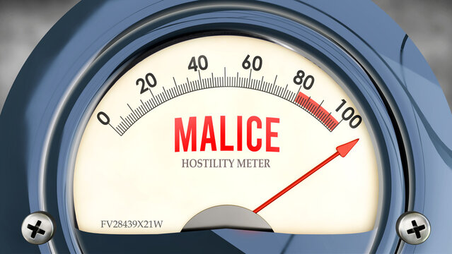 Malice and Hostility Meter that is hitting a full scale, showing a very high level of malice, overload of it, too much of it. Maximum value, off the charts.  ,3d illustration