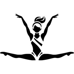 Fototapeta premium Sport emblem of girl gymnast horizontal split in trampoline jumping in monochrome. Engraving minimalistic vector in black ink drawing on transparent background