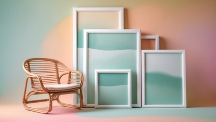 Three white picture frames set against a vibrant backdrop serve as a nursery interior mock-up, complemented by a rattan chair and crib. Scandinavian-inspired baby rooms.