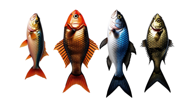 Colorful fish puppets with vibrant scales and fins, whimsical hand puppets designed as playful marine creatures, isolated on transparent background