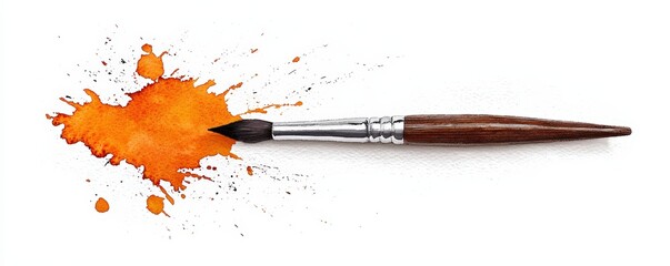Fototapeta premium A vibrant orange paint splash next to a fine brush, showcasing creativity and artistic expression in a minimalist design.