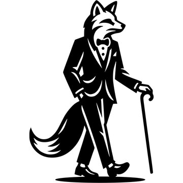 recommend clip art: Tattoo of fox gentleman in classic suit with cane in his hand walks importantly in monochrome. Engraving minimalistic vector in black ink drawing on transparent background