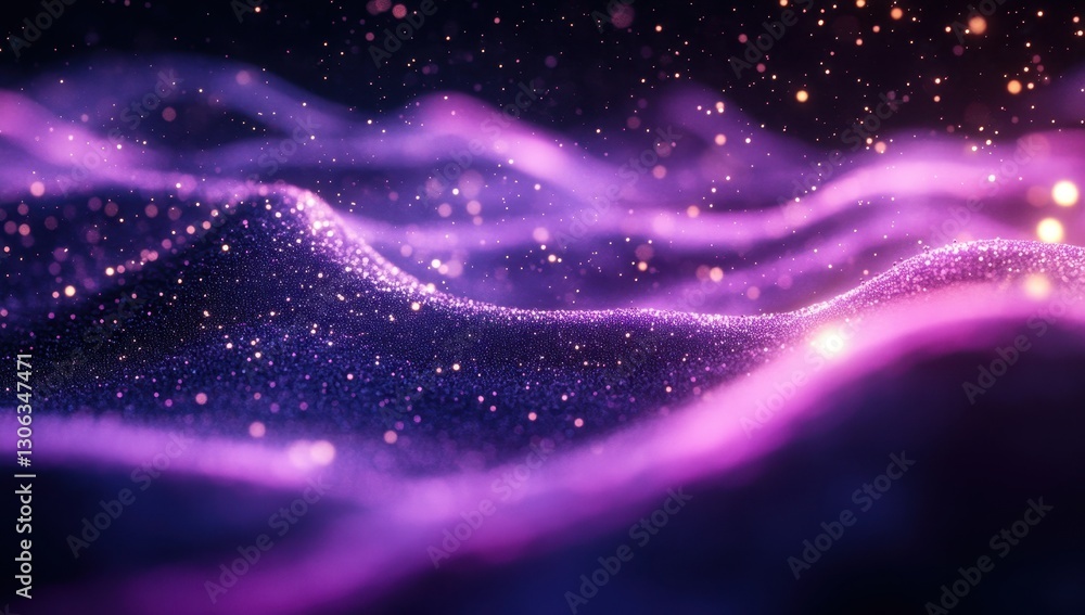 Poster vibrant waves of shimmering purple and pink particles creating a mesmerizing cosmic landscape backgr