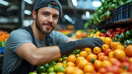 Grocer stocking citrus fruits in supermarket produce aisle