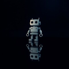Small Metal Robot Figurine with Reflection on Black Surface