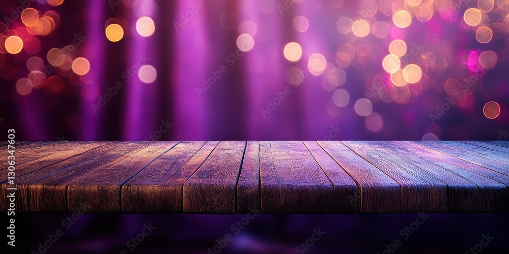 Poster wooden table surface surrounded by soft bokeh lights in purple and gold colors ideal for product dis