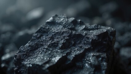 The surface of granular black stone (minerals). Dark abstract backdrop featuring blurred areas. Aerial perspective.