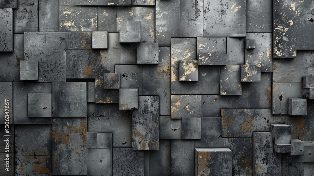 Poster abstract metallic geometric blocks in grey and gold. abstract artwork of 3d rendering art with geome