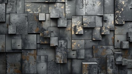 Abstract metallic geometric blocks in grey and gold. Abstract artwork of 3D rendering art with geometric shape with black wall. Digital art for design and print. Building construction concept. AIG53.
