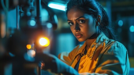 Obraz premium Indian woman maintenance engineer in an industry plant, carefully looking into checklist and machinery with a flashlight, close up shot.