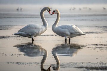 Obraz premium Minimalistic photo of swans standing in shallow water with their reflections mirroring their embrace, extreme close-up capturing their symmetry, softly blurred background.