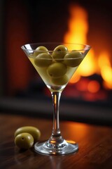 Crystal martini glass, plump olives, fireplace glow, plush setting , close-up, beverage, picture