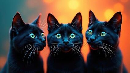 Three adorable cartoon black cat faces designed for a cheerful banner.