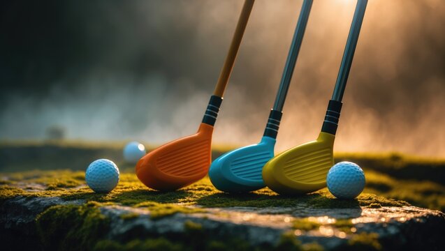 Vibrantly colored miniature golf clubs paired with balls on a mossy surface