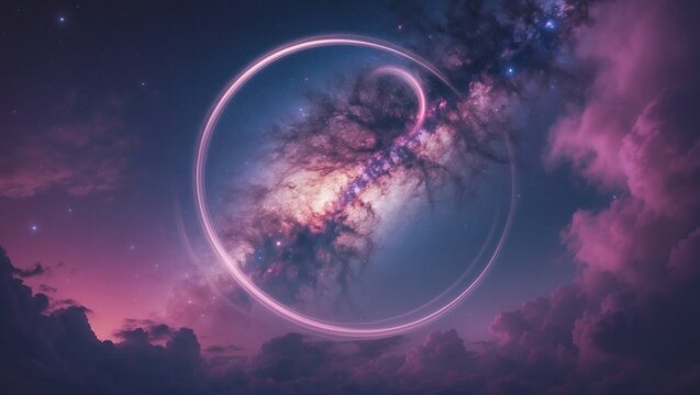 Cosmic scene featuring the Milky Way with a circular motion blur in hues of purple, blue, and pink. Visual representation of a fantastical universe.
