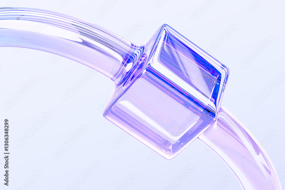 Poster 3d abstract glass lab technology background. liquid transparent tube with square connection and holo