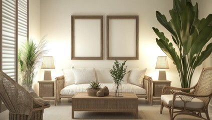 Fototapeta premium Cozy, minimalist living room with beige and wooden furniture, two blank frames, and lush greenery.