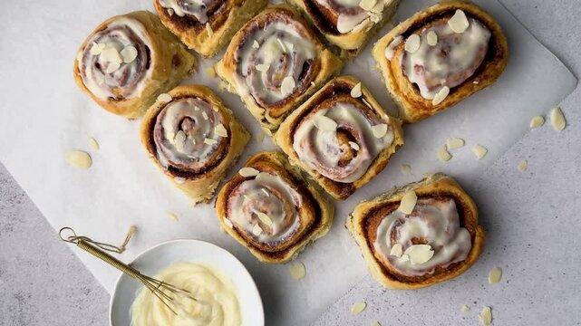 Delicious cinnamon rolls with cream cheese frosting and almond flakes