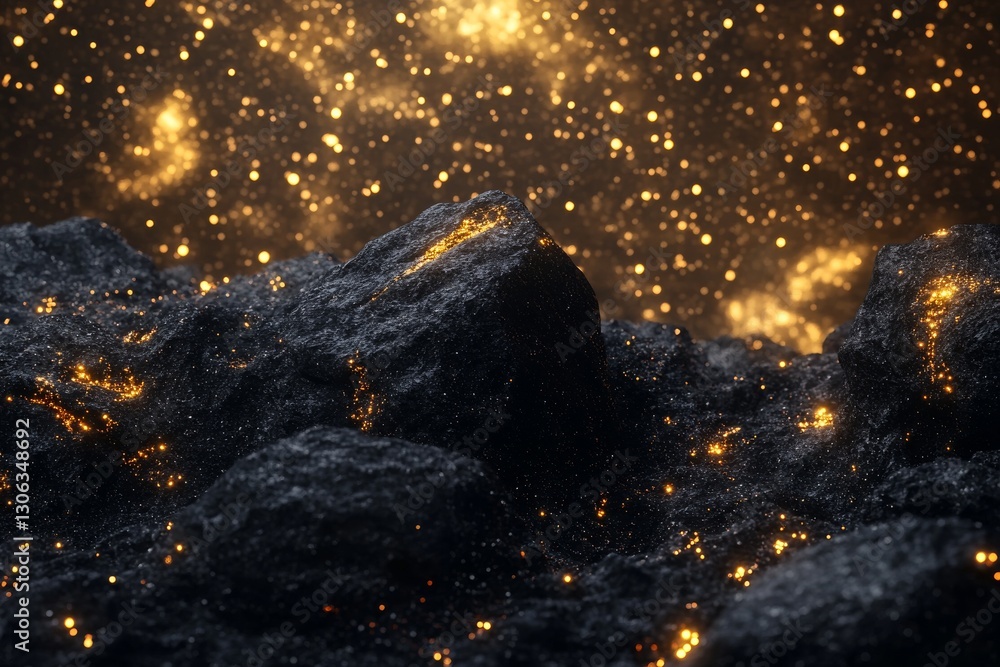 Wall mural 3d rendering of black rocks on the ground, with golden lights shining in space, creating an abstract