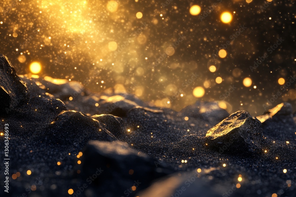 Wall mural 3d rendering of black rocks on the ground, with golden lights shining in space, creating an abstract