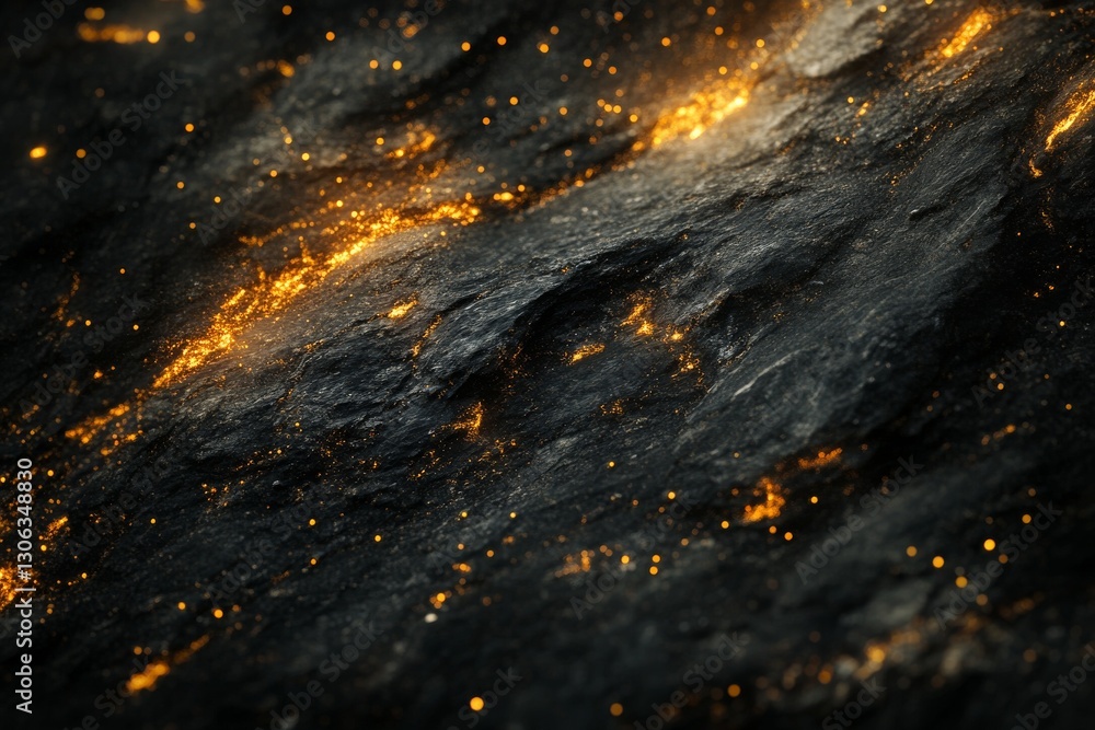 Wall mural 3d rendering of black rocks on the ground, with golden lights shining in space, creating an abstract