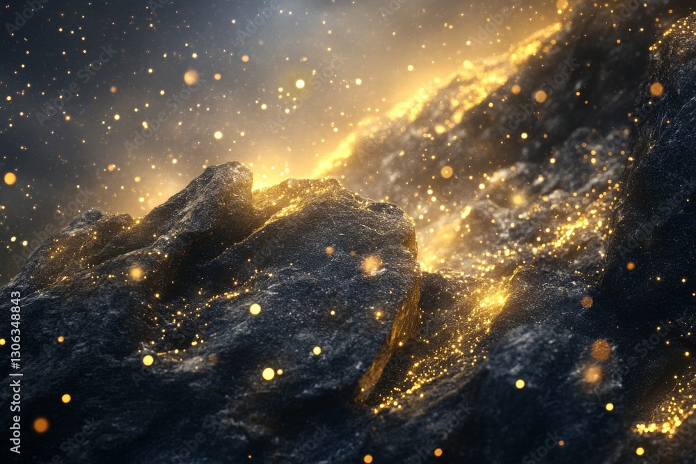 Wall mural 3d rendering of black rocks on the ground, with golden lights shining in space, creating an abstract
