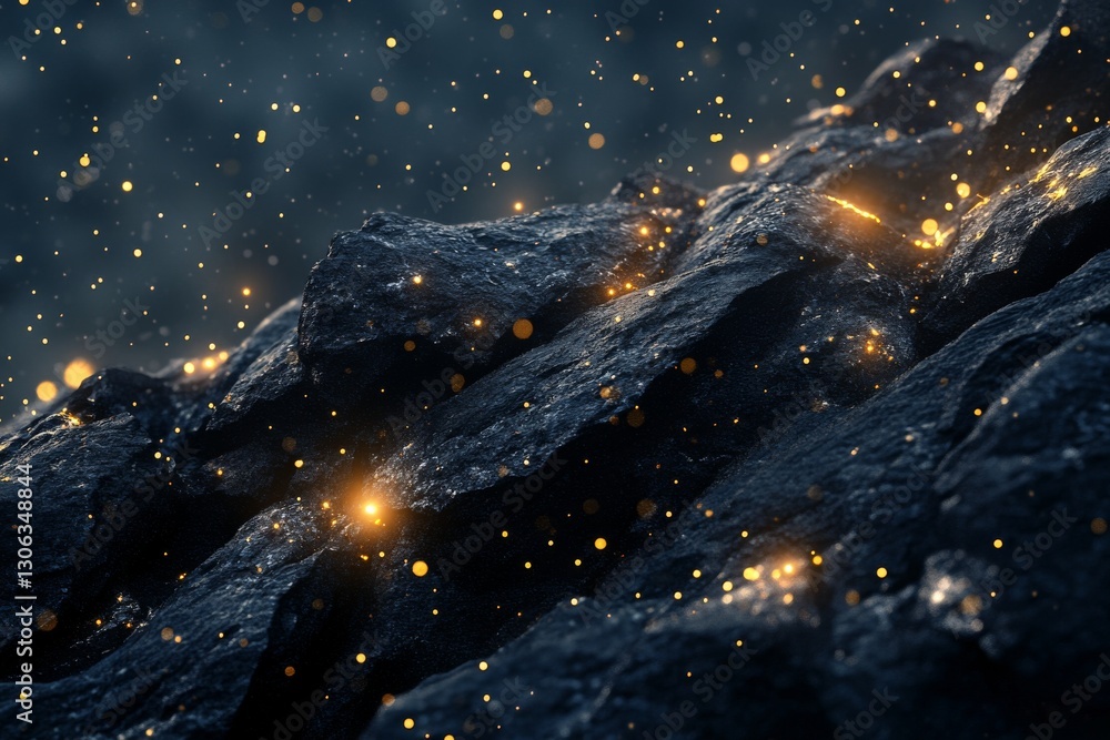 Wall mural 3d rendering of black rocks on the ground, with golden lights shining in space, creating an abstract