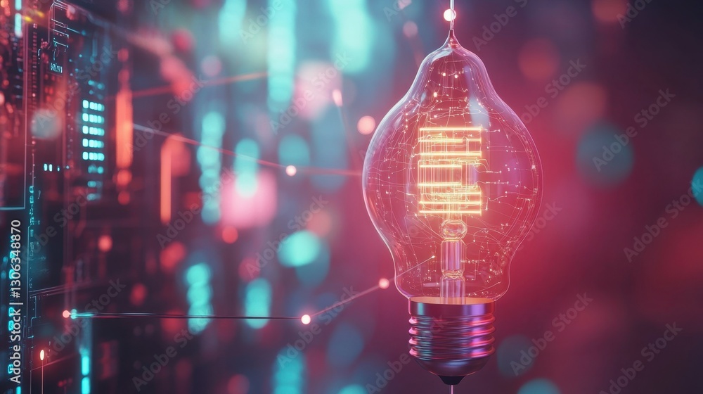 Poster light bulb connecting digital circuitry symbolizing innovation and technology